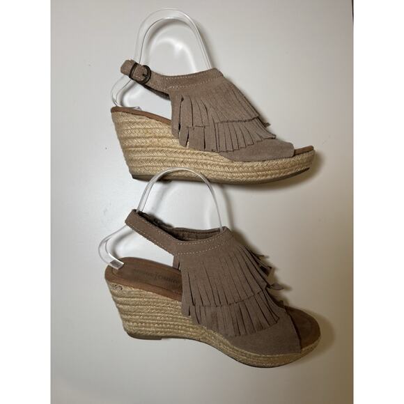Minnetonka Sz 7 Espadrille Wedge Tan Sandal Ashley Fringe Suede Leather - Picture 4 of 8